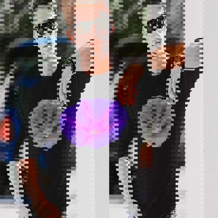 美しいパープルカラーの朝顔フラワーカットアウト 長袖Tシャツ 彼への贈り物