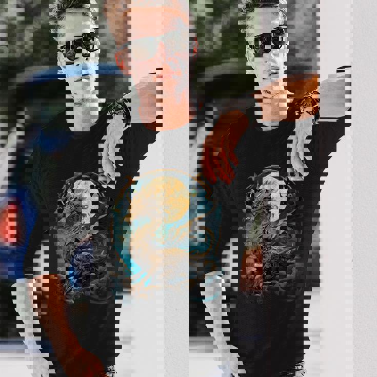 美しいルナゴールドドラゴン フローラルアートノボー 長袖Tシャツ 彼への贈り物