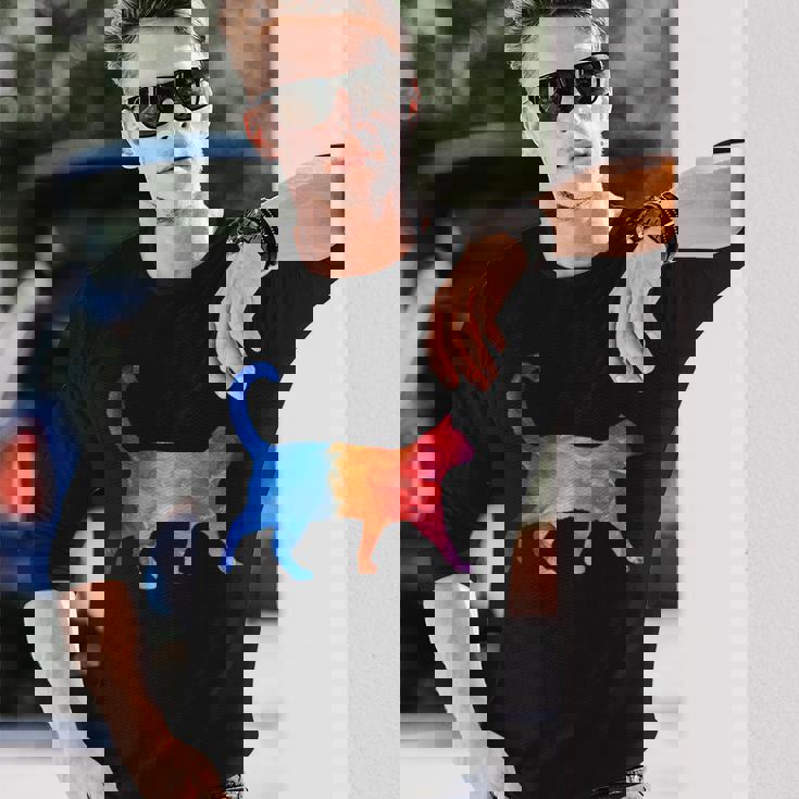 美的シルエット芸術的水彩猫 長袖Tシャツ 彼への贈り物