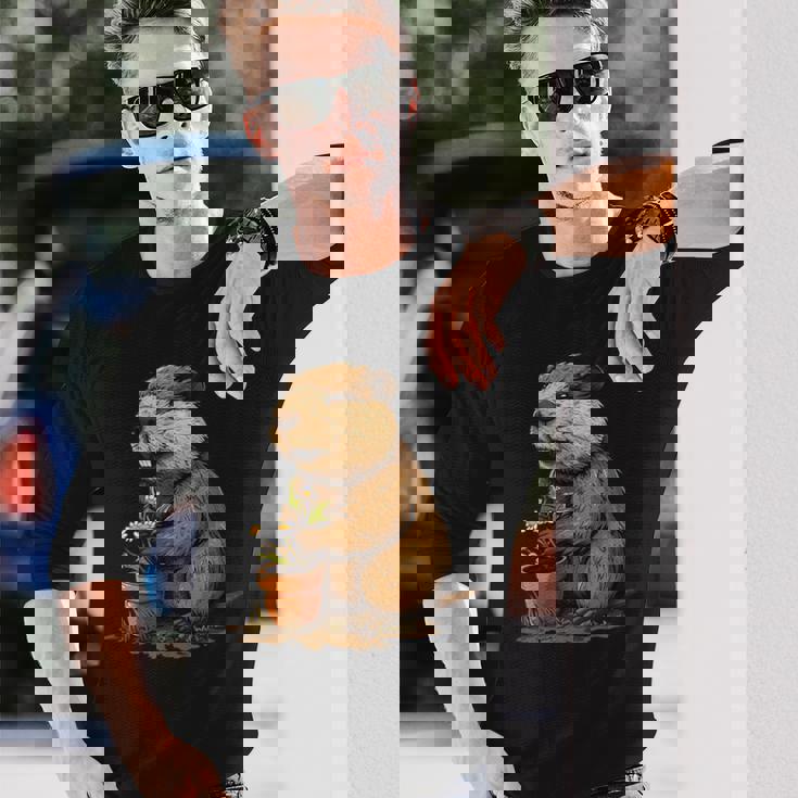 自然からインスピレーションを得た衣装愛好家のための鉢植え付き楽しいビーバー 長袖Tシャツ 彼への贈り物