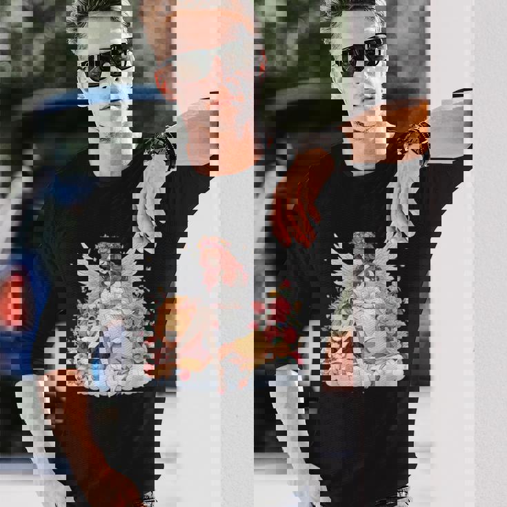 花に囲まれたライオンの天使 美しい天使 長袖Tシャツ 彼への贈り物