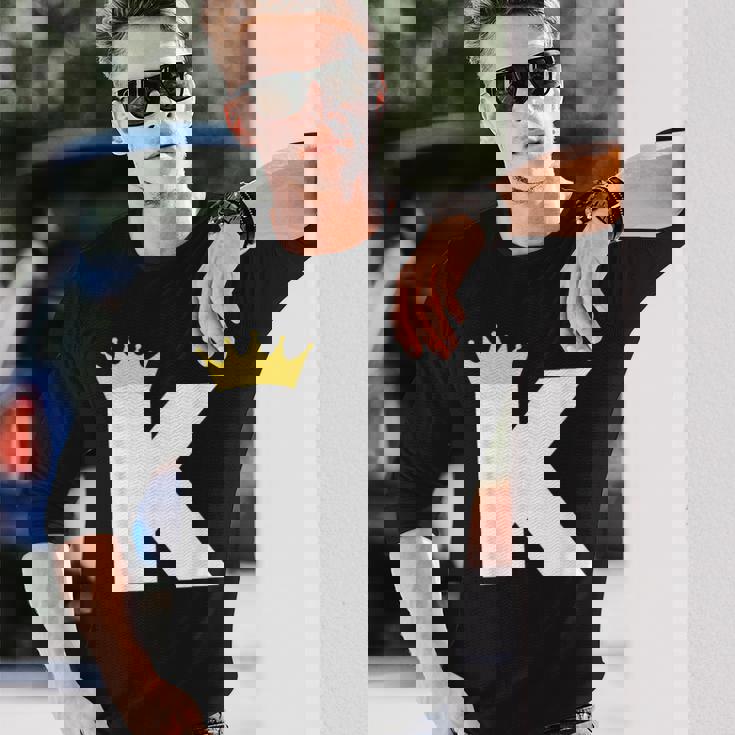 英文字 K 大文字 アルファベット モノグラム イニシャル キング クイーン クラウン 長袖Tシャツ 彼への贈り物