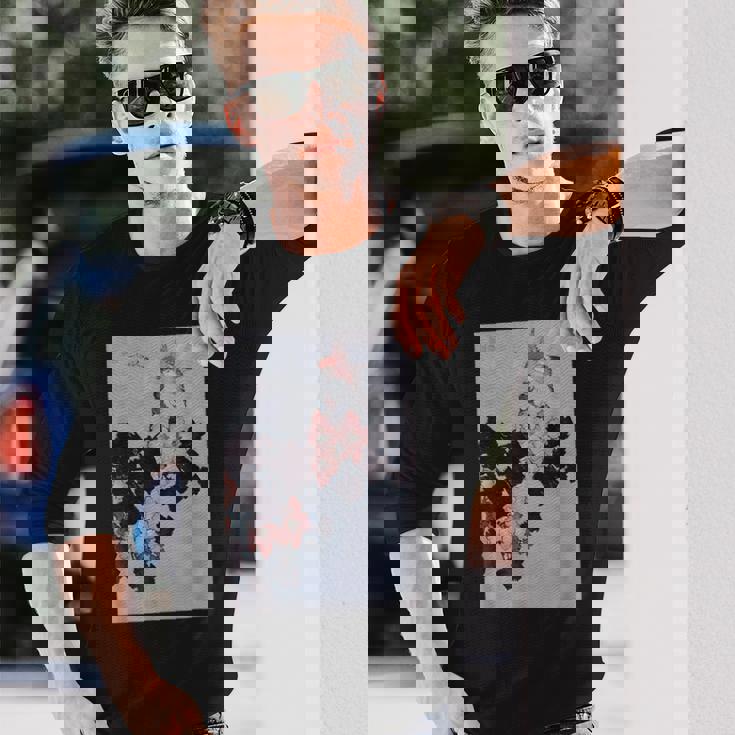 葛飾北斎作 ハイビスカスとスズメ 長袖Tシャツ 彼への贈り物