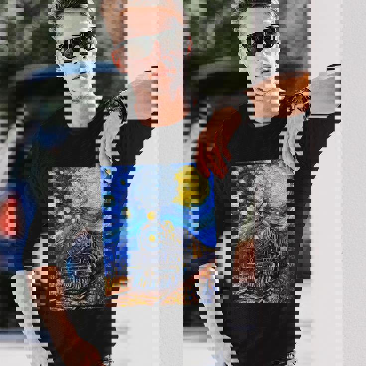 蒸気機関 蒸気機関車 ヴィンテージ ゴッホ 機関車 列車 長袖Tシャツ 彼への贈り物