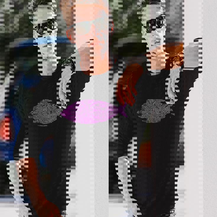 複雑なピンクの魚のイラスト 葉の付いた芸術的なデザイン 長袖Tシャツ 彼への贈り物