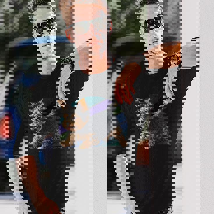 遊び心のあるヨークシャーテリア犬 ポップアート 誇り高きヨーキーオーナーズ 長袖Tシャツ 彼への贈り物