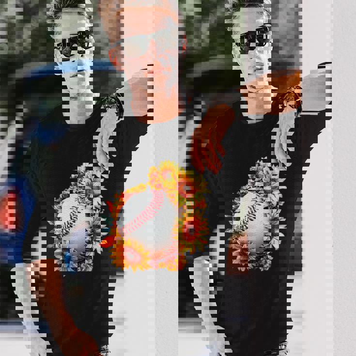 野球 面白いtシャツ ベースボール おもしろ ひまわり 花柄 服 ネタ メンズ 野球部 おもしろグッズ 子供 長袖Tシャツ 彼への贈り物