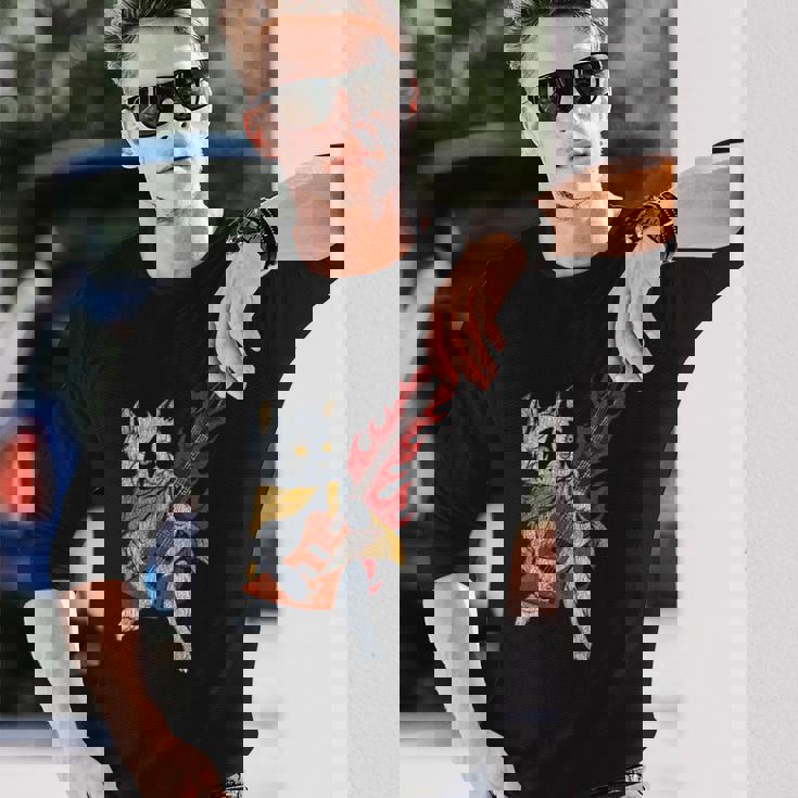 面白い ベースシスト 猫 ギフト ファイヤー 楽器 ベース ギター 長袖Tシャツ 彼への贈り物