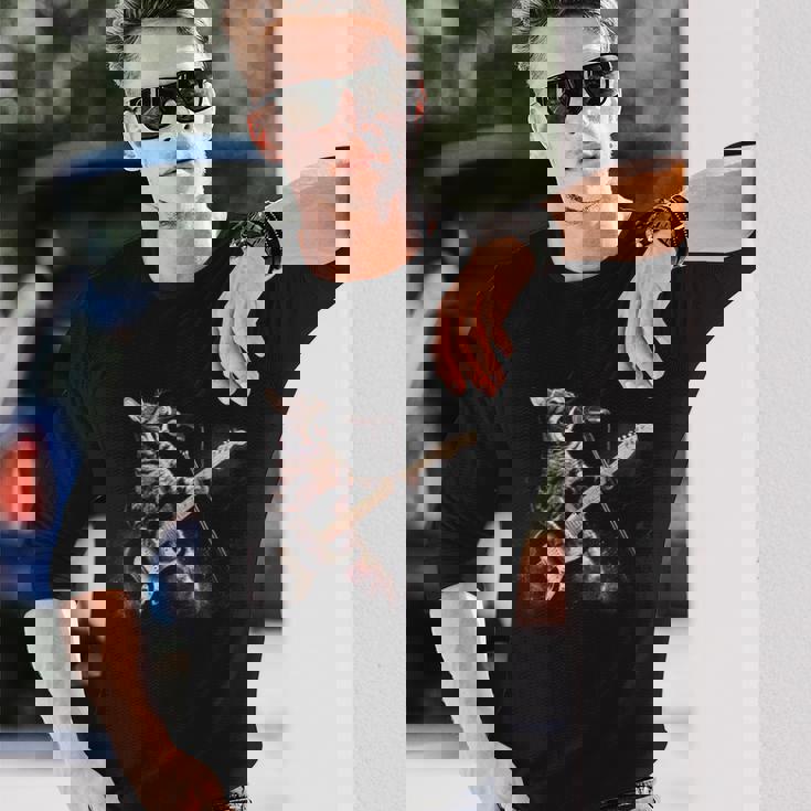 面白いギター猫 エレキギターで遊ぶ ロックスターキャット 長袖Tシャツ 彼への贈り物