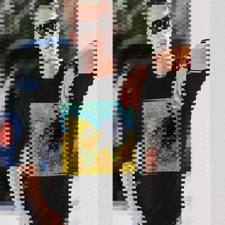 面白いゴッホのひまわり、猫のミーム、黒猫のアート。 長袖Tシャツ 彼への贈り物