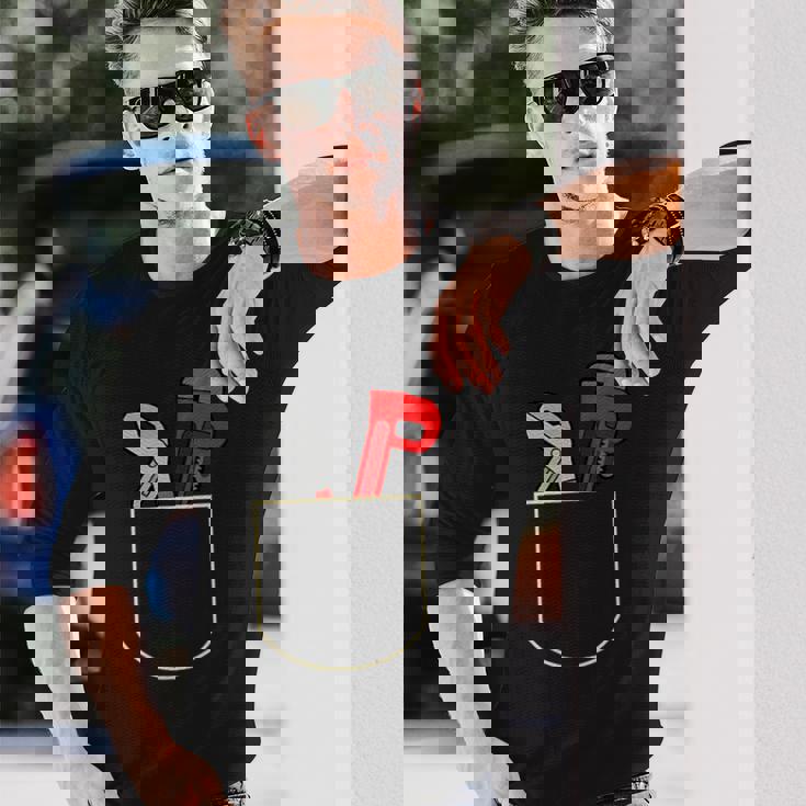 面白いパイプレンチ ポケット入り ギフト 配管工ポケット 長袖Tシャツ 彼への贈り物