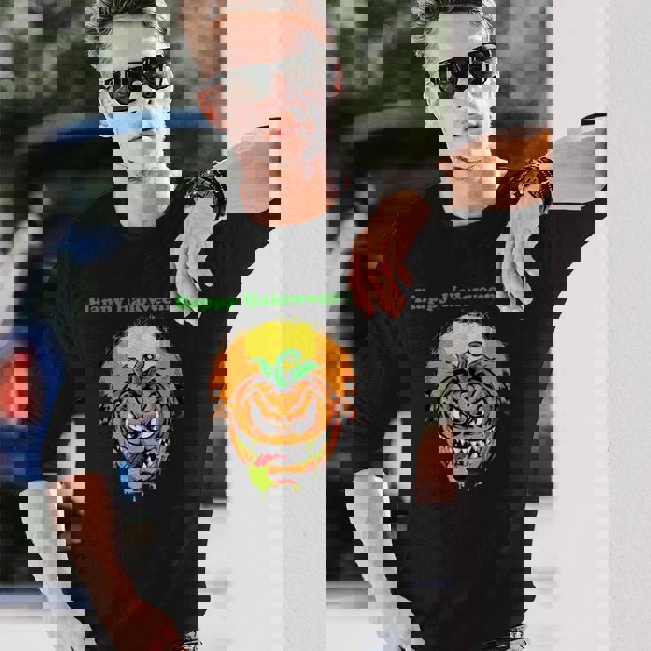 面白いパンプキン&ムーン ハッピーハロウィンデー 長袖Tシャツ 彼への贈り物