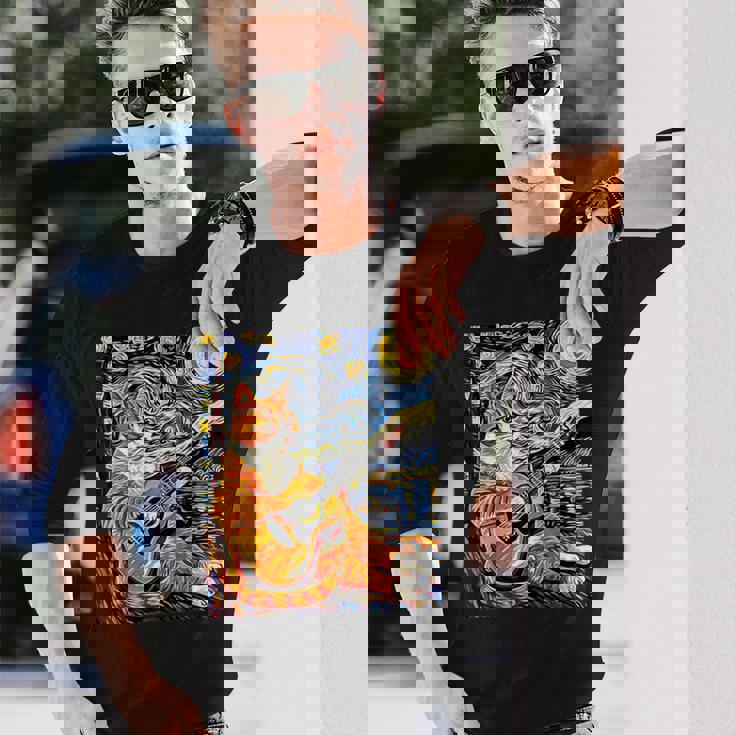 面白いレトロなデザインの猫がギターを弾く 星月夜 長袖Tシャツ 彼への贈り物