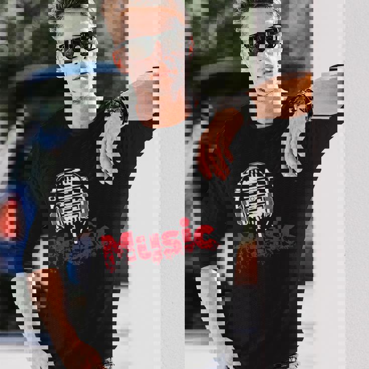 音楽 マイク ヘッドホン 日常 テキスト シンプル レトロ 長袖Tシャツ 彼への贈り物