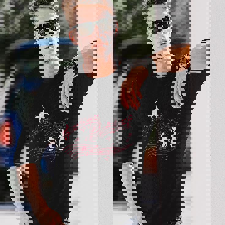 音符で遊ぶ3匹の猫 楽譜 長袖Tシャツ 彼への贈り物