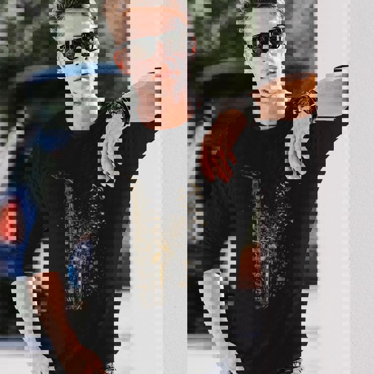 音符サックスプレーヤーとサックスヴィンテージスタイル 長袖Tシャツ 彼への贈り物