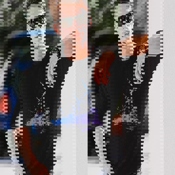 風力発電所 風車 タービン 再生可能エネルギー 長袖Tシャツ 彼への贈り物