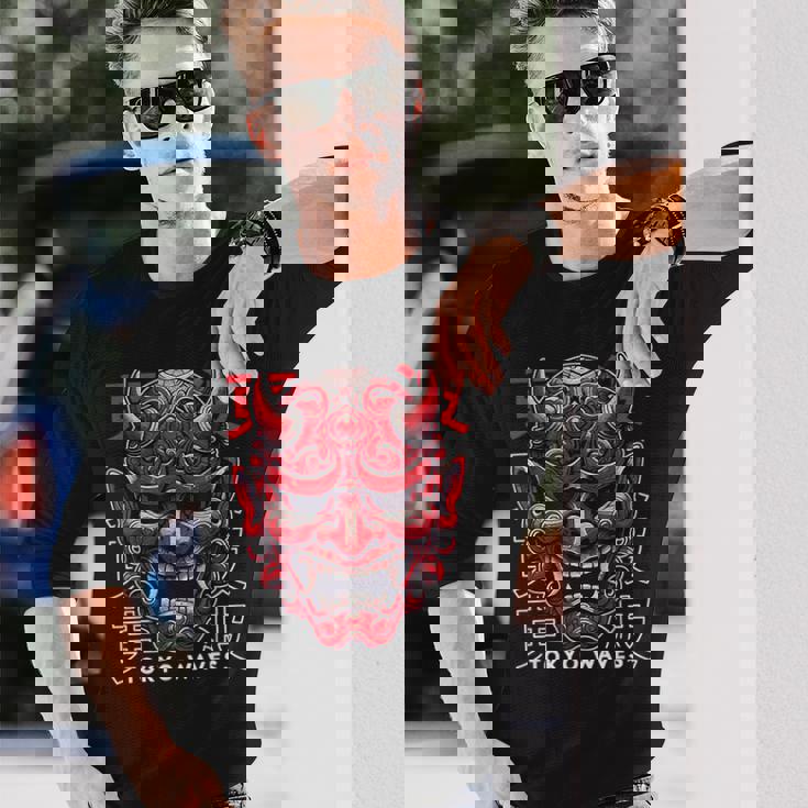 鬼マスク フェイス 妖怪 悪魔 般若 日本 鬼マスク 長袖Tシャツ 彼への贈り物