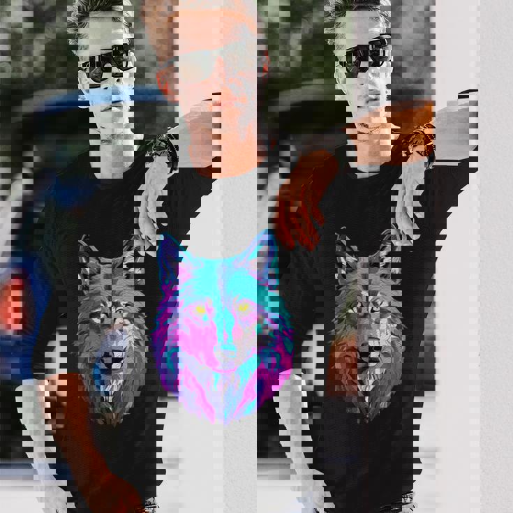 鮮やかなマルチカラーオオカミ 長袖Tシャツ 彼への贈り物