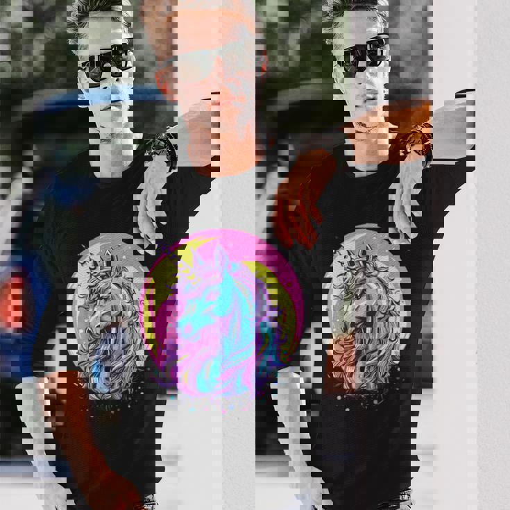 鮮やかなユニコーン マジック ファンタジー ムーンライト 長袖Tシャツ 彼への贈り物