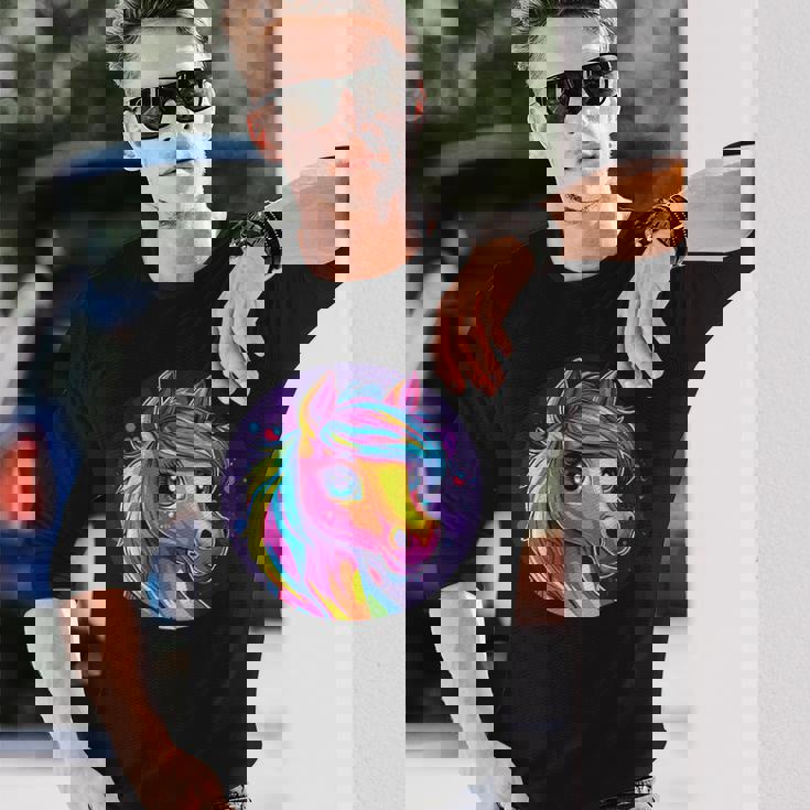 鮮やかな虹色の馬の魔法の夢 長袖Tシャツ 彼への贈り物