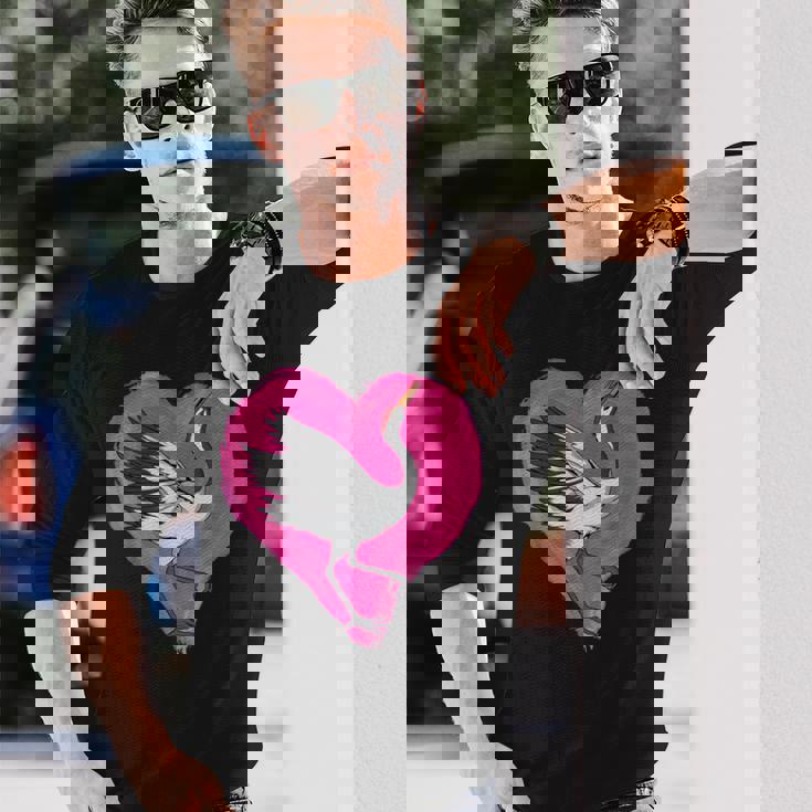 鶴 ハートデザインラブ 鶴 恋人 鶴 長袖Tシャツ 彼への贈り物