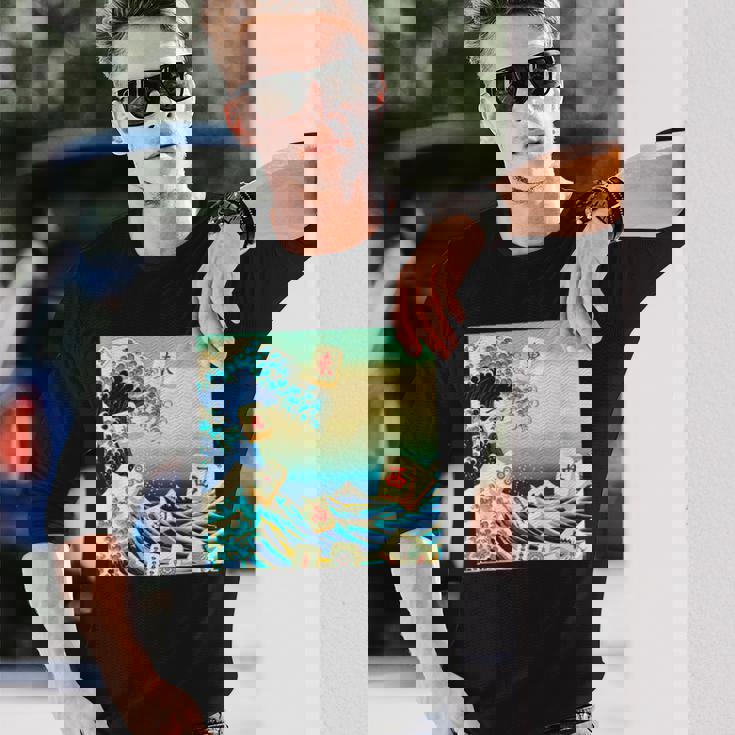 麻雀 おもしろ グッズ 服 筆文字 面白いtシャツ 文字入り 面白い 文字 ネタ メンズ 葛飾北斎 浮世絵 風 長袖Tシャツ 彼への贈り物