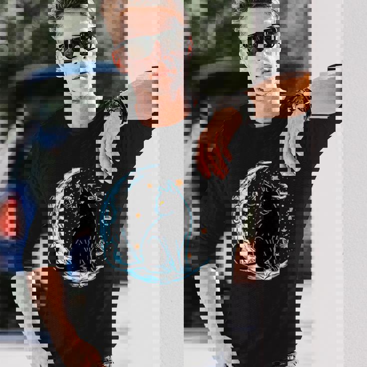 黒猫 三日月 セーラームーンフェイズ 占星術 ペット愛好家 長袖Tシャツ 彼への贈り物