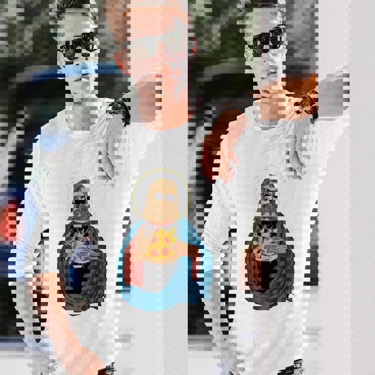 Jesus Holding A Pizza 長袖tシャツ 長袖Tシャツ 彼への贈り物