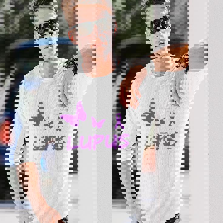 Lupus Warrior パープルバタフライ&リボン ポケット付き 長袖Tシャツ 彼への贈り物