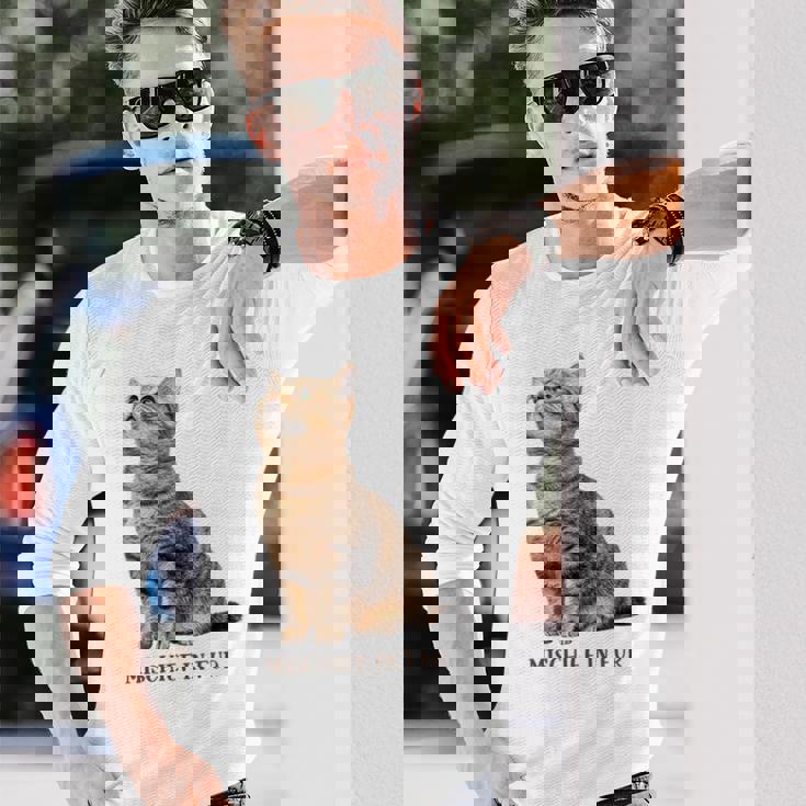 Mischief In Fur 猫写真 キジトラ 猫好き ネタ 猫しもべ 猫飼い 猫依存症 猫オーナー 長袖Tシャツ 彼への贈り物