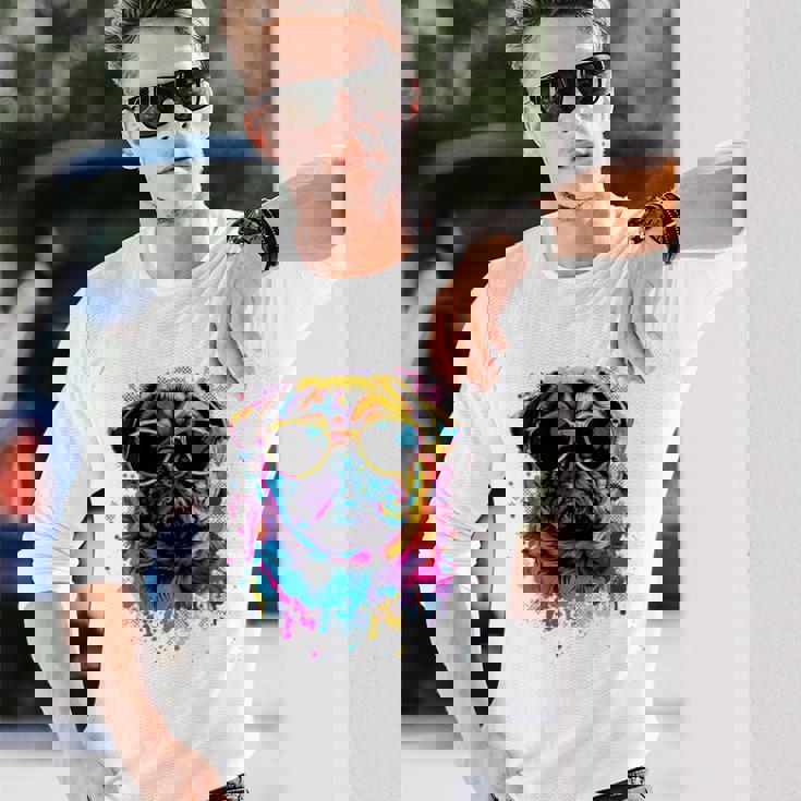 Pug Dog Lovers カラフル ポップアート パグ 長袖tシャツ 長袖Tシャツ 彼への贈り物