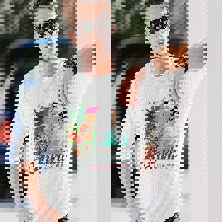 Sunset Beach Hawaii、サーフィンサーフボードレトロ、バックプリント 長袖Tシャツ 彼への贈り物