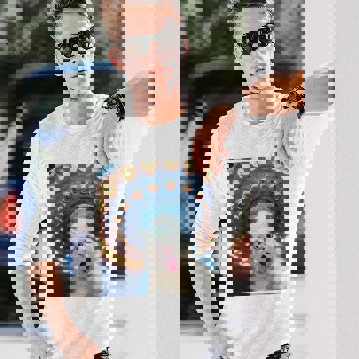 Ufo エイリアンフライングソーサー付き面白い白猫愛好家セルフィー 長袖tシャツ 長袖Tシャツ 彼への贈り物