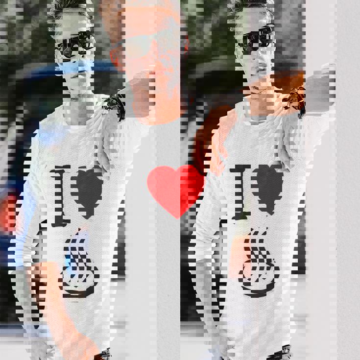 【バックプリント・背中側】アイラブ・温泉 マーク お風呂 銭湯 記号 お土産 旅行 ハート スタッフ 面白い 長袖Tシャツ 彼への贈り物