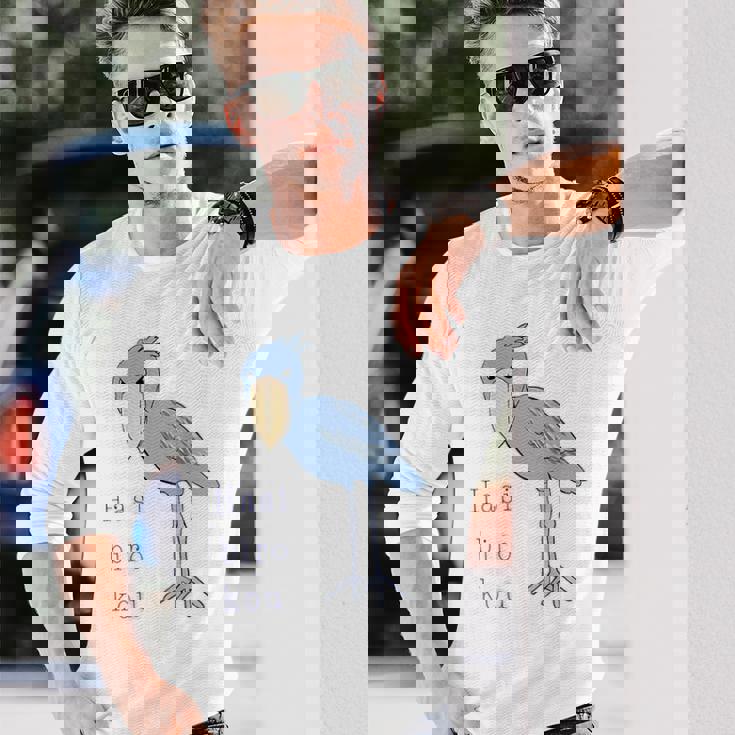 【バックプリント・背中側】ハシビロコウさん 『セルフィー』鳥【どうぶつフレンズ 】動物園 ゆるくて かわいい イラスト 長袖Tシャツ 彼への贈り物