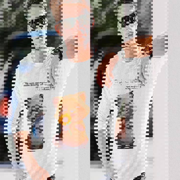 ありがとうのタヌキ ひまわりver 父の日 アニマルグラフィック 感謝 たぬき 花と狸 長袖Tシャツ 彼への贈り物