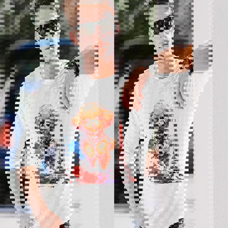 かわいい フランス パリ エッフェル塔 トイプードル パリ ジャンプ 子犬 長袖Tシャツ 彼への贈り物