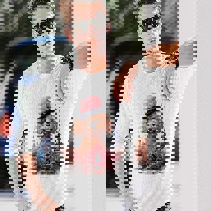 かわいいフレンチパリエッフェル塔トイプードル パリジャンプードル 長袖Tシャツ 彼への贈り物