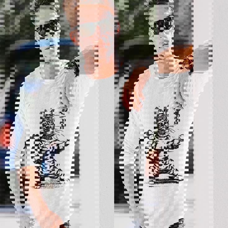 かわいい猫 太極拳 武道 陰陽 長袖Tシャツ 彼への贈り物