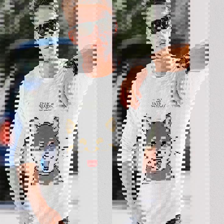 にぱっと笑う黒柴 柴犬のドット絵 長袖Tシャツ 彼への贈り物