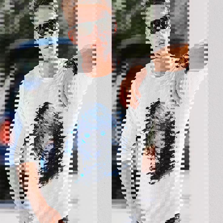 アニメ 漫画 グラフィック 青い目 アート アニメ 長袖Tシャツ 彼への贈り物