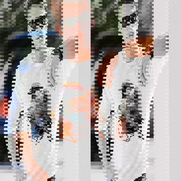 アメリカンツリー スズメ 鳥 幾何学模様 パッテンアート かわいい鳥 ロー 長袖Tシャツ 彼への贈り物