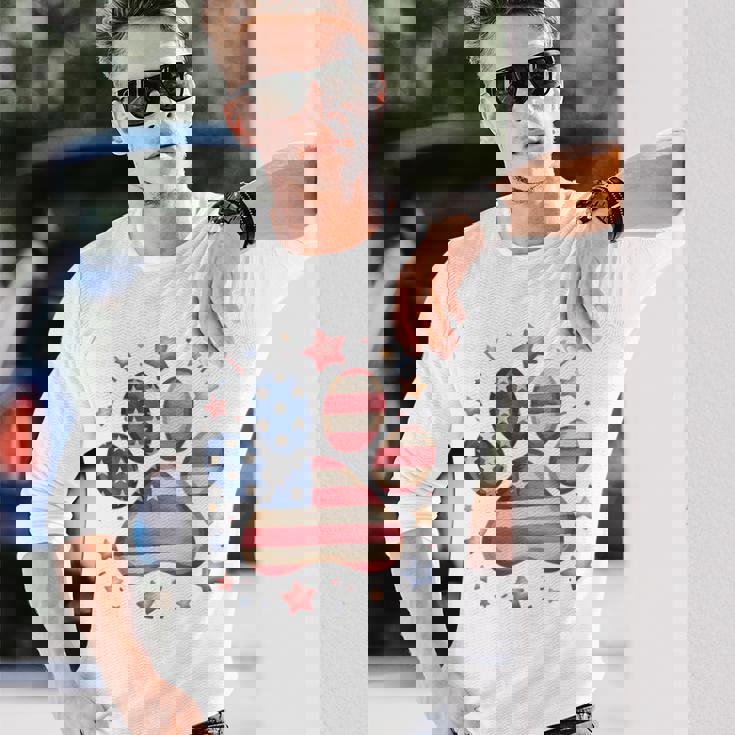 アメリカ国旗 愛国的な犬と猫の足跡プリント 7月4日 犬 長袖Tシャツ 彼への贈り物