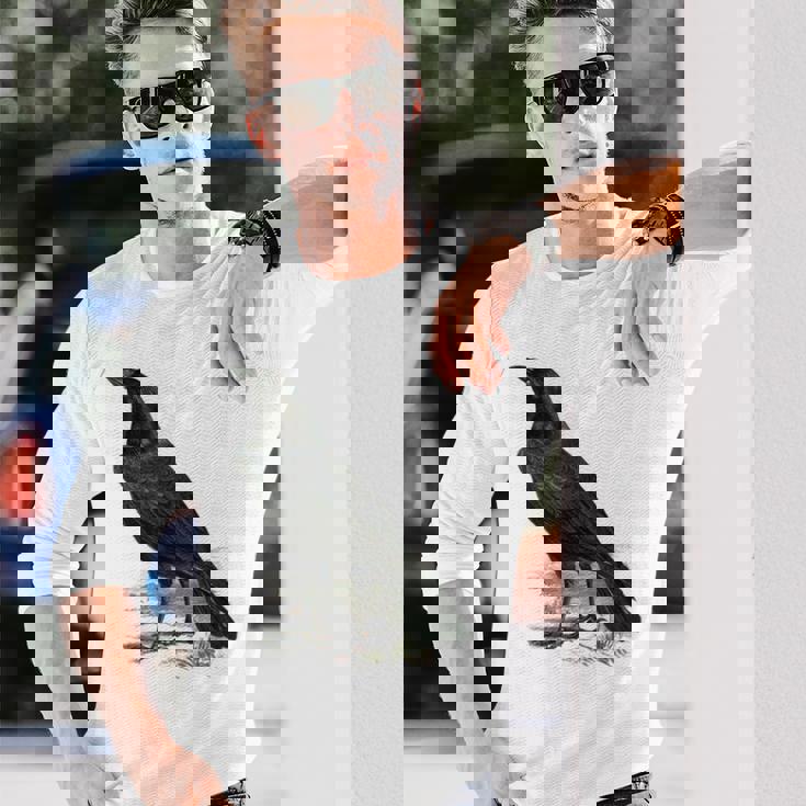 カラス ビンテージ イラスト カラス 長袖Tシャツ 彼への贈り物