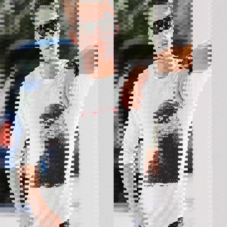 カワウソ アニマル柄 動物園 図面 イラスト 顔 カワウソ 長袖Tシャツ 彼への贈り物