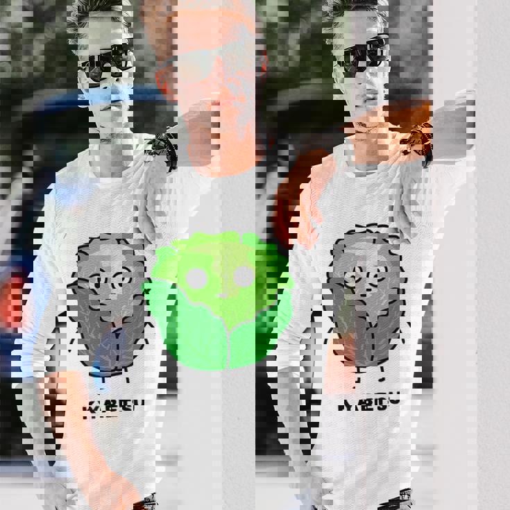 キャベツ 顔 イラスト かわいい おもしろ 面白い 簡単 シンプル ゆるい 野菜 長袖Tシャツ 彼への贈り物