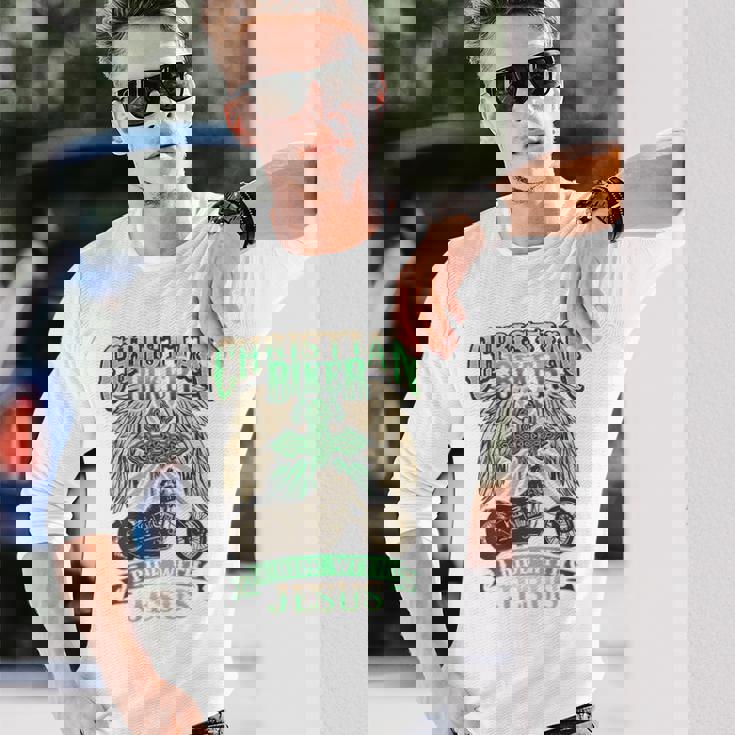 キリスト教バイカーライドウィズジーザスオートバイバックプリントデザイン 長袖Tシャツ 彼への贈り物