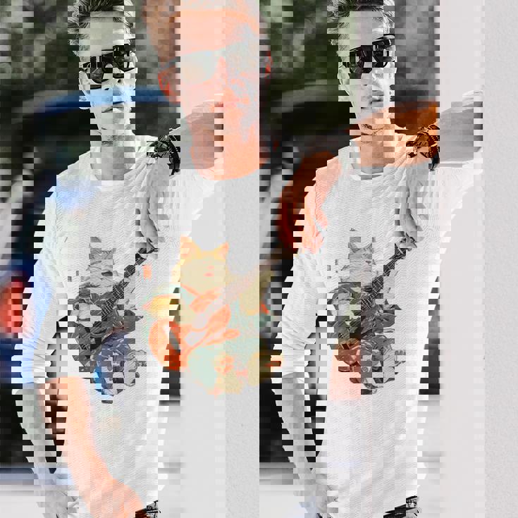 ギターを弾く日本の侍猫 忍者 浮世絵 アニメ 長袖Tシャツ 彼への贈り物