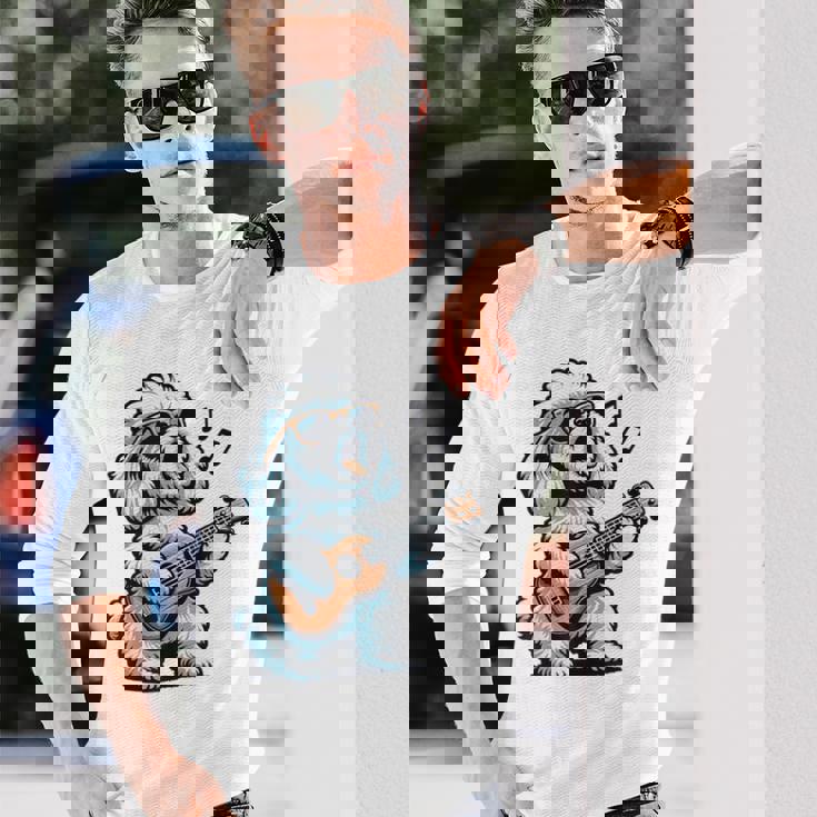 ギターを弾く犬 マルチーズプードル 面白い落書き 長袖Tシャツ 彼への贈り物